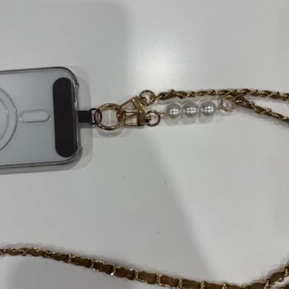 Tan Faux Pearl & Leather Chain Crossbody Phone Lanyard NEW
